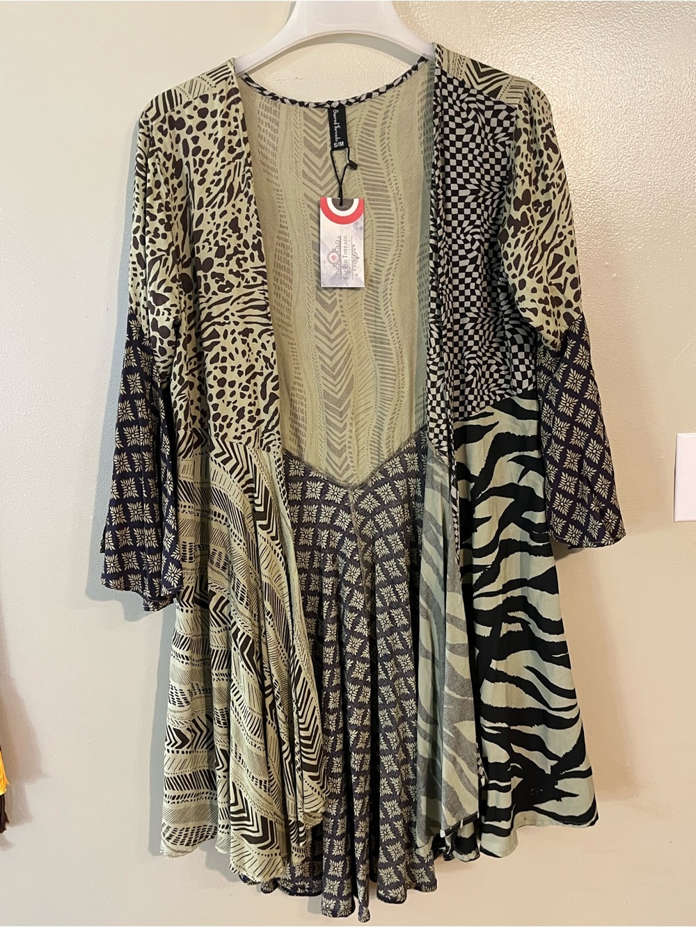 Patchwork Animal Print Open Cardigan - Olive & Black Festival Bell Sleeves M NWT